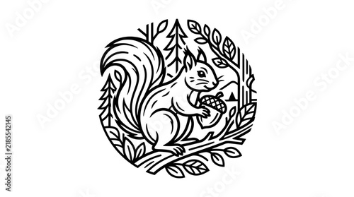 Cute Squirrel Holding Acorn In Forest Circle Emblem