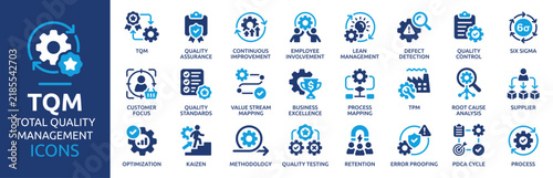 Total Quality Management Icon Set. TQM, Quality Assurance, Quality Control, Continuous Improvement, Lean Management, Six Sigma and Kaizen Solid Vector Icons Collection