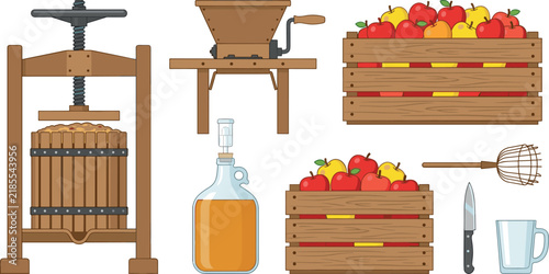 Foto Apple Cider Making Process Vector Icon Set Featuring Wooden Fruit Press Grinder