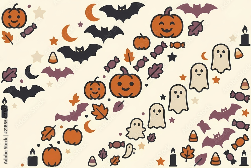 Obraz premium Halloween Pumpkin, Ghost, Bat, and Candy Pattern