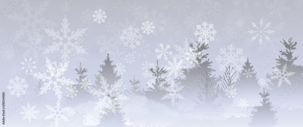 Obraz premium Snowy winter forest background vector with frosted pine trees, misty gray landscape and falling snow for seasonal holiday design