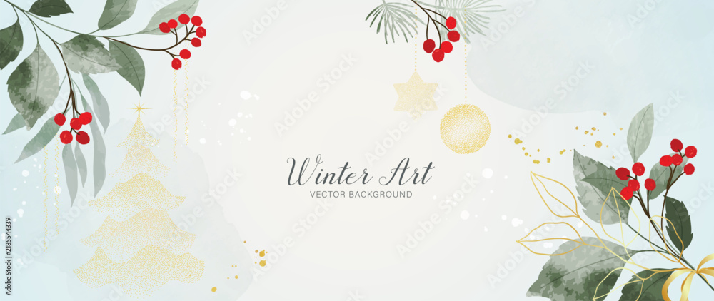 Obraz premium Winter botanical background vector with red birds, pine branches and delicate festive accents on soft cream seasonal card design