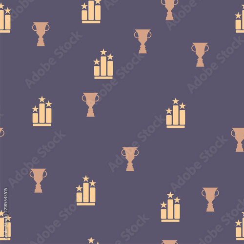 A repeating seamless pattern of trophy cups and podium icons topped with stars. It works as a background for themes of success, victory, achievement, award, competition, rating and recognition.