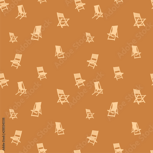 A repeating seamless pattern of folding deck chairs scattered at different angles. It suits backgrounds and prints for summer, beach, vacation, travel, resort, relaxation and leisure themes.
