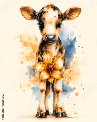 Cute Calf with Flower and Watercolor Background Art
