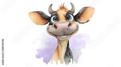 Charming Watercolor Cartoon Cow with Big Eyes Illustration