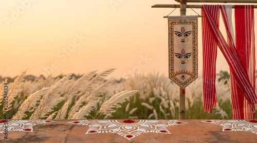 Durga puja banner with white kash flowers and red textile for festival.