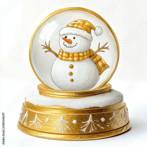 A cheerful snowman wearing a golden hat and scarf is enclosed in a decorative snow globe with a gold base featuring winter tree designs.