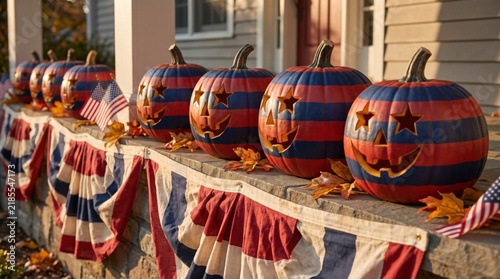 Row of pumpkins painted with American flag designs, featuring carved star and smiley faces, displayed on a porch decorated with patriotic bunting and small flags.