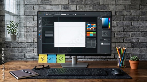 Creative workspace featuring a computer monitor displaying graphic design software with a blank white canvas and color palettes.