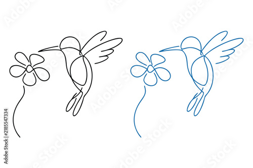 Hummingbird with flower continuous line art in black and blue styles perfect for delicate logo designs and tattoos.