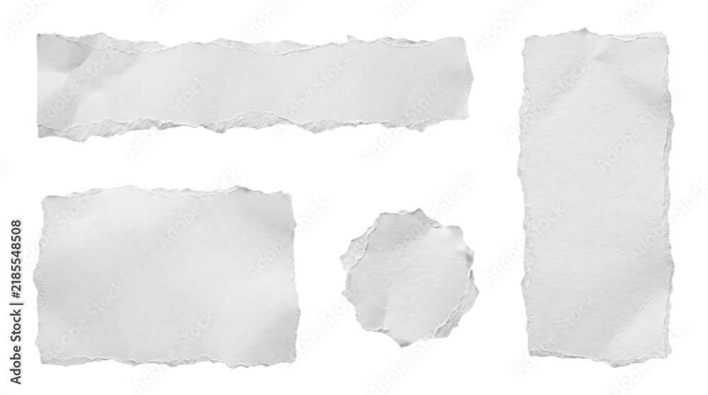 Fototapeta premium White ripped paper banner and circular scraps with rough edges for clean minimalist layouts and creative advertising design work.