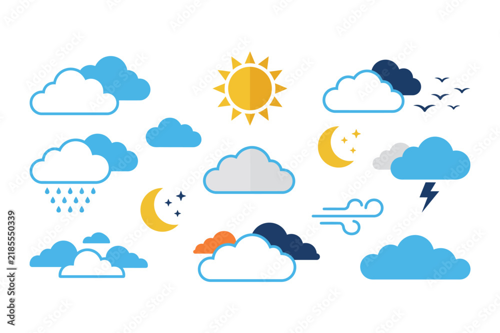 Obraz premium Colorful flat weather icons collection showing various atmospheric conditions and daily forecasts