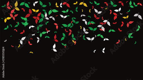Falling multi-colored leaves pattern on a solid black background