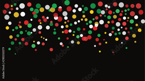 Red, green, gold, and white polka dots on a black background