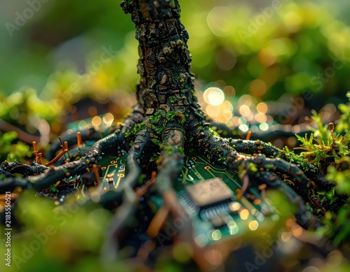 Tree Roots Intertwined with Circuit Board Surrounded by Lush Green Moss and Blurry Background