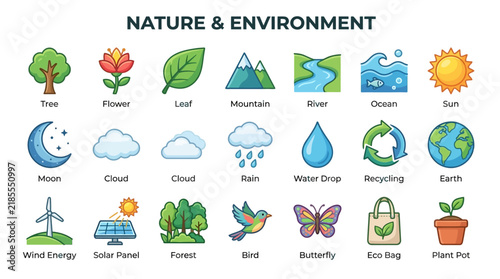 Set of Colorful Flat Vector Icons Representing Various Elements of Nature and Environmental Protection Concepts