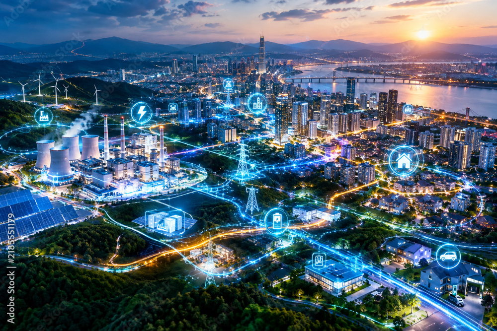 Fototapeta premium Smart City Energy Grid with Renewable Power, Solar Panels, Wind Turbines and Intelligent Electricity Network