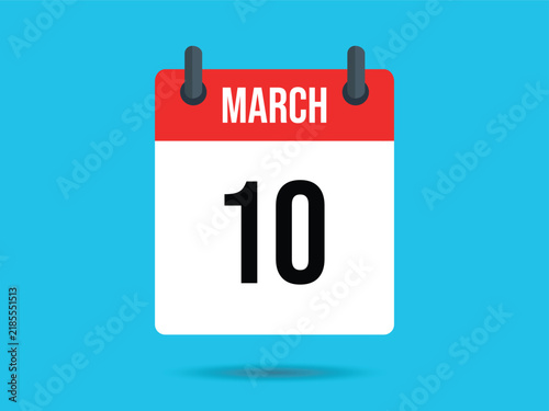 Red Flat Calendar Indicating March Tenth Date Over Blue Background