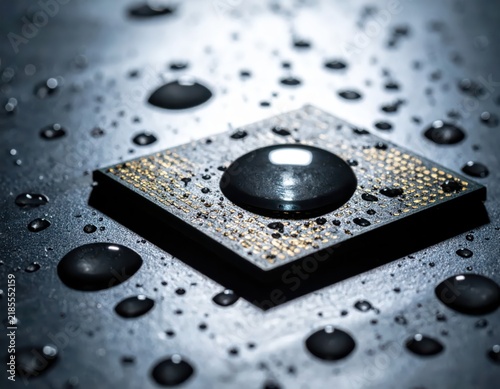 Microprocessor Chip on Dark Surface with Water Droplets Creating a High-Tech Aesthetic