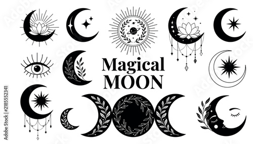 Magical celestial moon and mystical astrology vector icon set featuring crescent moon phases stars evil eye and floral elements