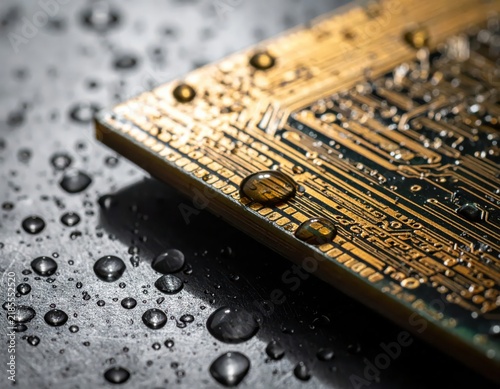Close-Up Image of Water Droplets on a Wet Circuit Board with Detailed Electronic Patterns
