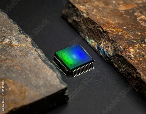 Colorful Microchip Surrounded by Natural Stone Textures on a Dark Background