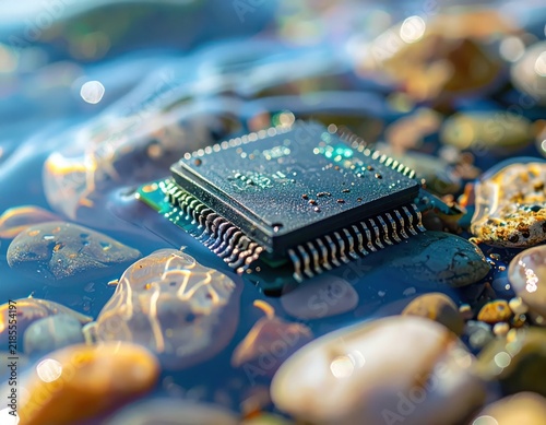 Electronic Chip on Colorful Stones Under Clear Water with Reflections and Bokeh Effect
