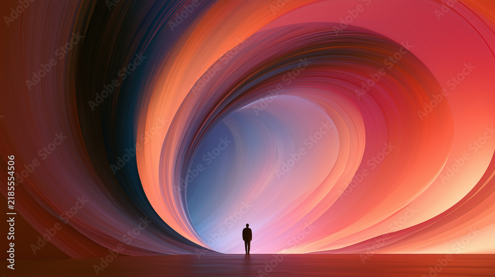 Fototapeta premium Abstract flowing tunnel of vivid coral, red, pink, and blue light surrounding a solitary human silhouette, creating a futuristic immersive environment with dramatic motion and depth