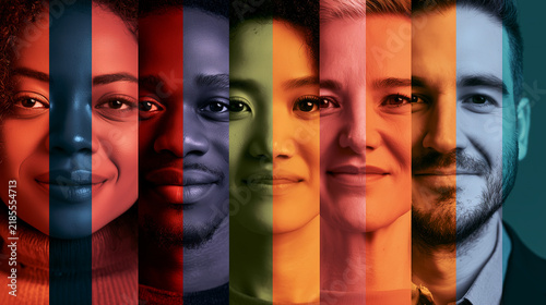 Contemporary conceptual portrait collage showing diverse human faces divided into colorful vertical sections, representing individuality, diversity, identity, culture, and visual expression