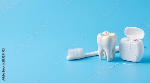 Tooth model, toothbrush, and open container of dental floss arranged for an oral hygiene concept on a blue surface.