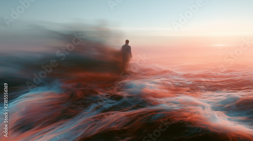 Abstract dreamlike landscape with a lone silhouette surrounded by flowing red and blue textures, creating a surreal atmospheric scene with motion and depth