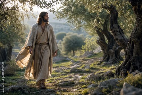 Jesus Christ walking through an ancient olive grove along a stone path bathed in soft morning sunlight