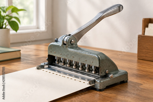 Vintage manual paper perforator on a wooden desk, revealing a neat row of circular holes.
