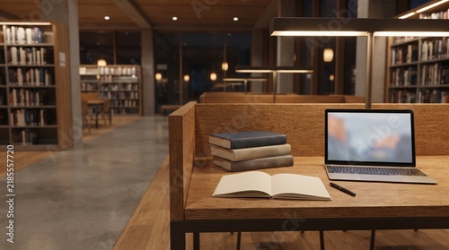 Modern university library study area with wooden desks, laptop, books, and soft warm lighting at night