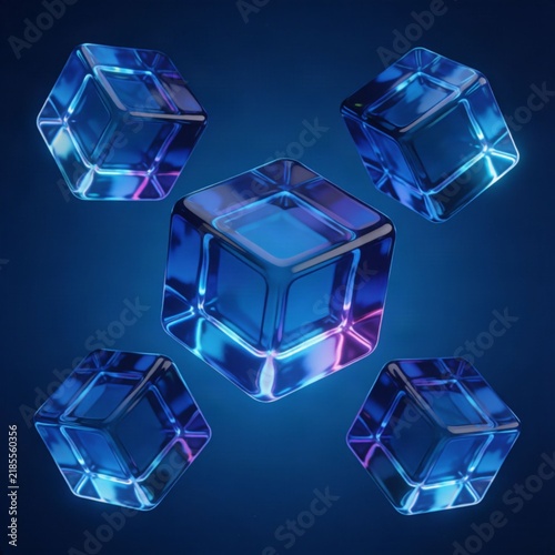 Ethereal glowing geometric crystals floating in deep cosmic blue space