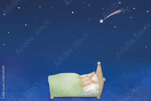流れ星の輝く夜空の下ですやすや眠る子うさぎのイラスト。睡眠・夢を表現したファンタジックな水彩風フレーム。