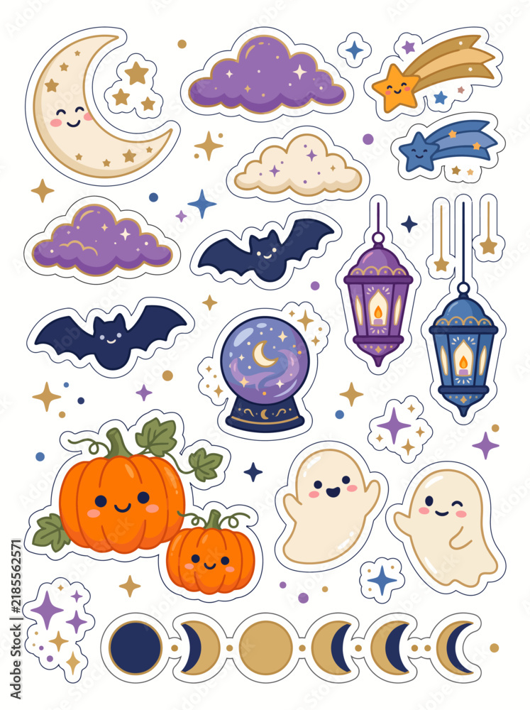 Obraz premium Cute Helloween sticker sheet set with spooky ghosts, pumpkins, bats, crystal ball, magic lantern, and moon phases illustration