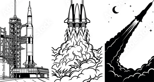 Rocket launch sequence featuring black and white aerospace vector illustrations for space missions.