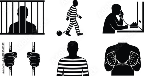 Prisoner and jail visitation silhouette icon set with cell bars striped uniform ball chain handcuffs element vector