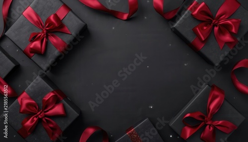 Elegant Black Gift Boxes with Red Ribbons: A collection of dark, beautifully wrapped gift boxes adorned with luxurious satin red ribbons.