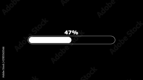 progress bar from 0 to 100% animation with alpha channel, white loading bar animate on a black background.