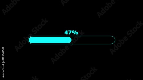progress bar from 0 to 100% animation with alpha channel, cyan loading bar animate on a black background.