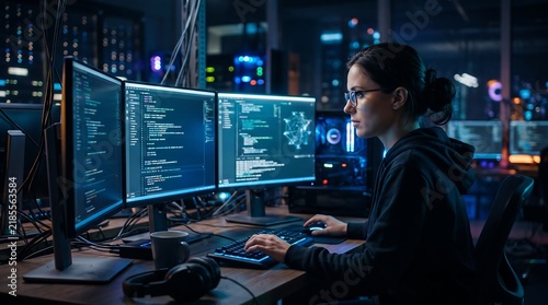 Professional female software developer working with multiple screens at night in tech office