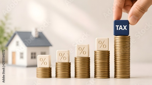Hand Placing Tax Block On Top Of Coin Stacks With Percentage Signs And Model House