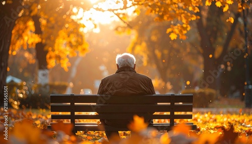 Elderly Grandfather Enjoying Retirement While Sitting Alone on a Bench in the Park
