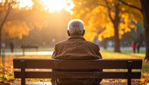 Senior Man Sitting on a Park Bench from Behind Reflecting in a Peaceful Natural Setting