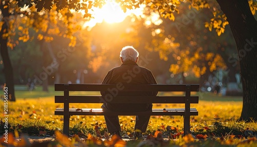 Grandfather Relaxing on a Park Bench Surrounded by Nature in a Tranquil Outdoor Scene
