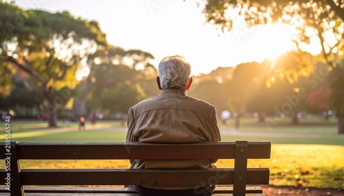Grandfather Sitting Alone on a Park Bench Viewed from Behind in a Peaceful Outdoor Setting