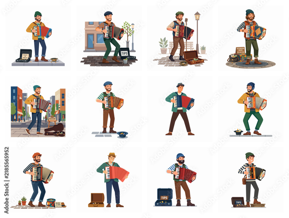 Fototapeta premium Street Musician Accordion Players Illustration Set
